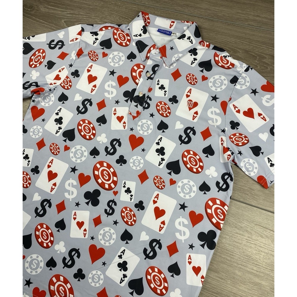 Hreski Men's Short Sleeve Gambler Casino Poker Theme Golf Shirt Grey Size Large